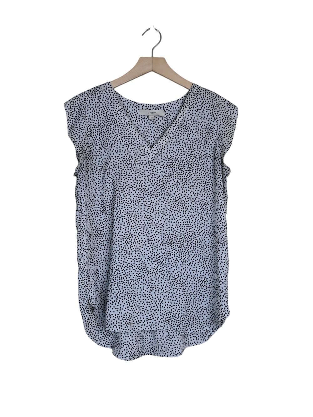 LOFT Women's M V-Neck Cap Sleeve Dotted Blouse Black Light Gray